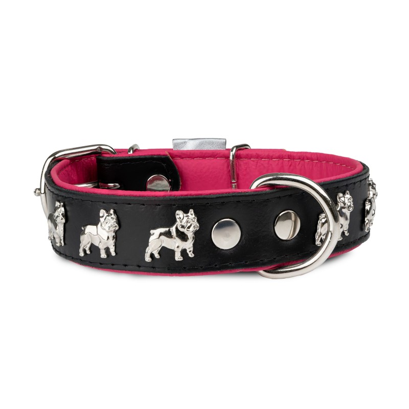 Obroża dla psa, wzór super bulldog franciski, 30MM/55CM czarno/różowa