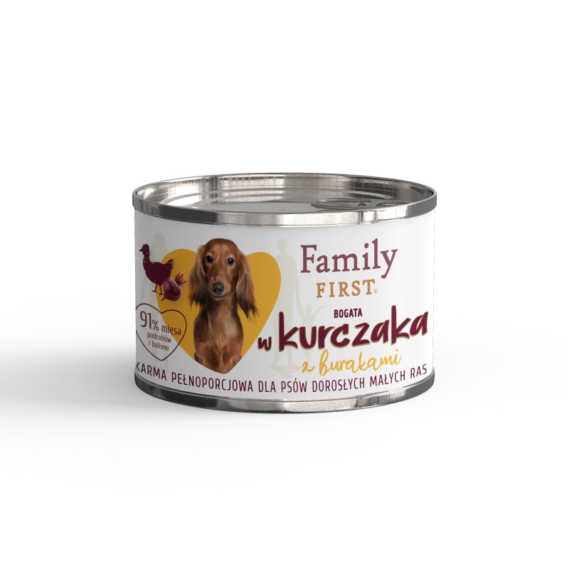 Puszka dla psa, BOGATA W KURCZAKA, z burakami, małe rasy, 200 g