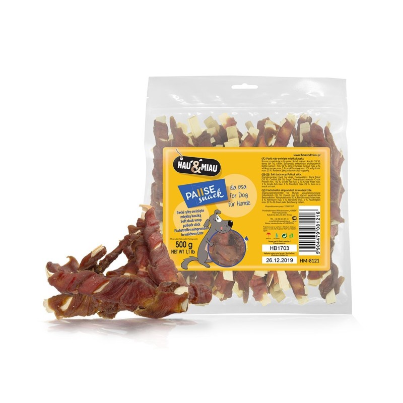 Pausesnack przysmak dla psa, paski ryby owinięte miękką kaczką 500g