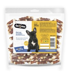 Pausesnack przysmak dla psa, patyki ze skóry oplecione kaczką 500g
