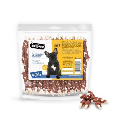 Pausesnack przysmak dla psa, patyki ze skóry oblane pastą z wołowiny 500g