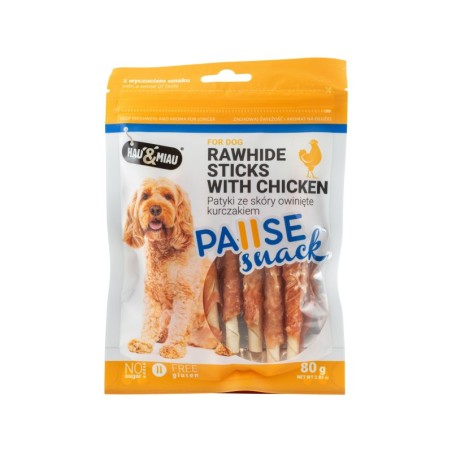 Pausesnack przysmak dla psa, patyki ze skóry owinięte kurczakiem 80g