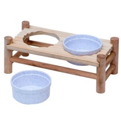 Stojak z miskami dla gryzoni i królika, drewno/plastik, 24x10x8,5cm/2x150ml