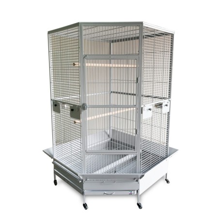 Woliera dla ptaków, srebrna, na kółkach, wym.117 x 117 x 183 cm