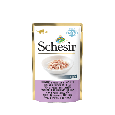 Karma mokra, dla kotów, tuńczyk z kurczakiem i szynką w galarecie, 50 g, saszetka