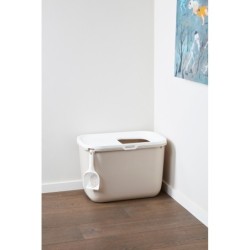 Hop In, kuweta dla kota, biało-brązowa, plastik, wejście u góry, 58,5x39x39,5cm