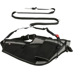 Pas biodrowy do biegania ze smyczą, dla psa, szaro/czarny, taśma parciana, pas: 70–130 cm/23 cm,  smycz: 1.15–1.50 m/20 mm