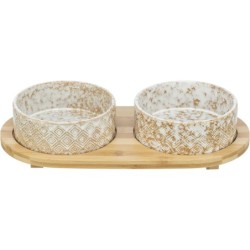 Zestaw misek, dla psa, ceramika/bambus, białe/jasnobrązowe, 2 × 0.3 l/o 12 cm/30 × 6 × 15 cm