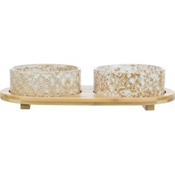 Zestaw misek, dla psa, ceramika/bambus, białe/ecru, 2 × 0.8 l/o 16 cm/39 × 8 × 20 cm