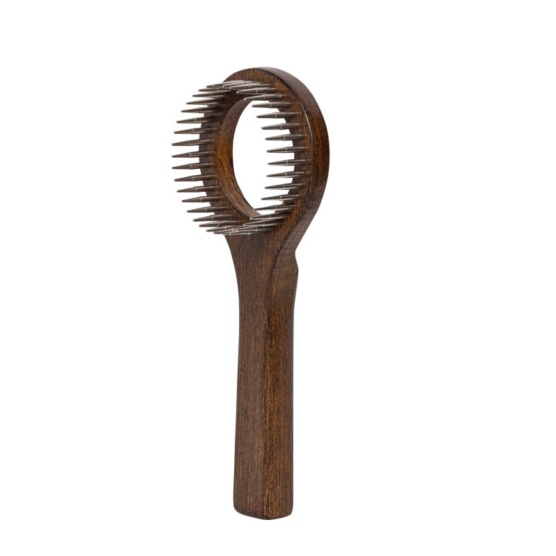 Ekskluzywne zgrzebło typu ring, dla zwierząt, drewno bukowe, stal, wym.8,1x20,6cm