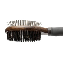 Ekskluzywna szczotka dwustronna, dla zwierząt, matalowe piny/ włosie, drewno bukowe,  tworzywo TPR, wym. 6,8cmx24cm