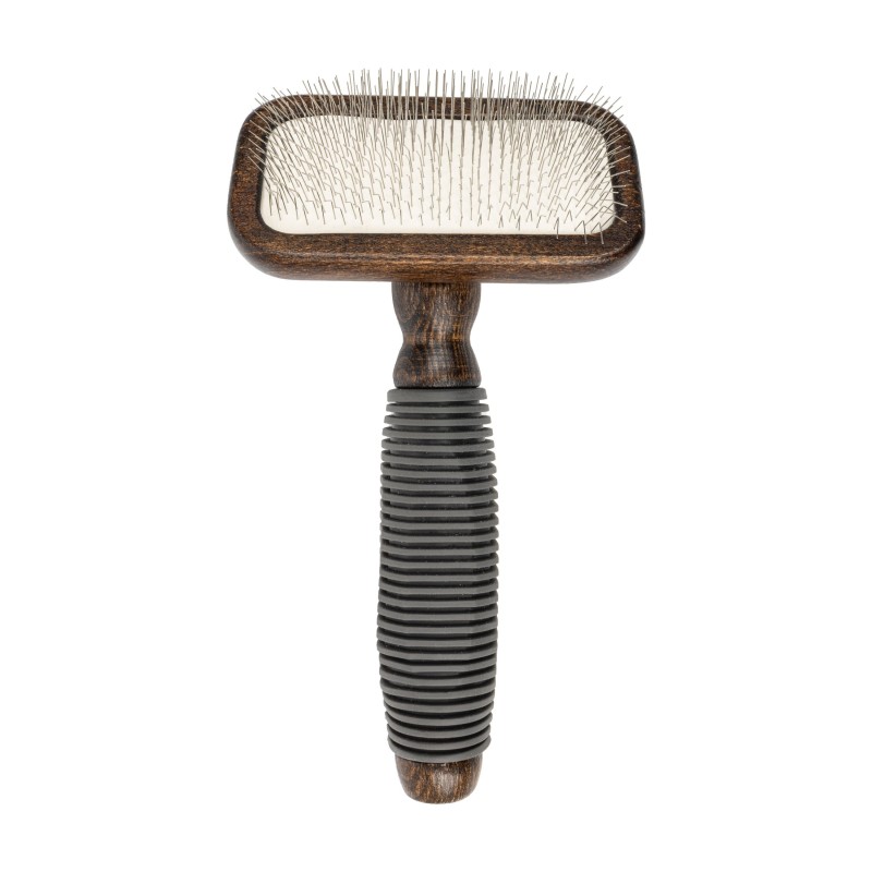 Ekskluzywna szczotka pudlówka prostokątna, dla zwierząt, drewno bukowe, stal, tworzywo TPR, wym. 9,4x16,4cm