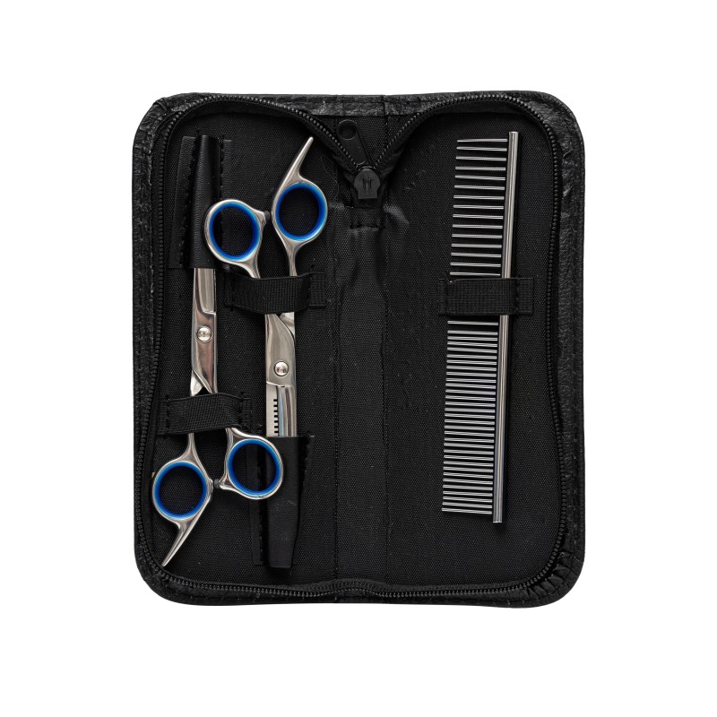 Ekskluzywny zestaw gromerski dla zwierząt,  3 elementy: nożyczki do sierści, degażówki, grzebień metalowy, plus etui