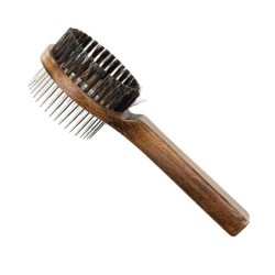 Ekskluzywne zgrzebło typu ring dwustronne ze szczotką,  dla zwierząt, drewno bukowe, stal, włosie sztuczne, wym.8,1x20,6cm