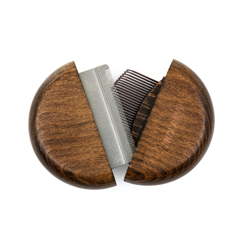 Ekskluzywny grzebień 2 w 1, do wyczesywania pcheł ze zgrzebłem, okrągły, drewno bukowe, stal, plastik PP, średnica 9,1cm