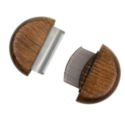 Ekskluzywny grzebień 2 w 1, do wyczesywania pcheł ze zgrzebłem, okrągły, drewno bukowe, stal, plastik PP, średnica 9,1cm