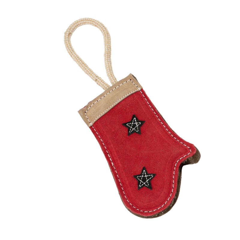 Zabawka, dla psa, skórzana Rękawiczka świąteczna 19x9 cm + 13 cm lina
