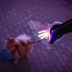 Smycz dla psa, automatyczna, okrągła, biało-szara, taśma, ładowanie USB, 3m