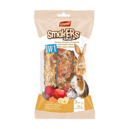 Smakers 3w1 dla gryzoni i królika (warzywny/ świętojańśki/ owocowy) w folii 135 g  6szt./display