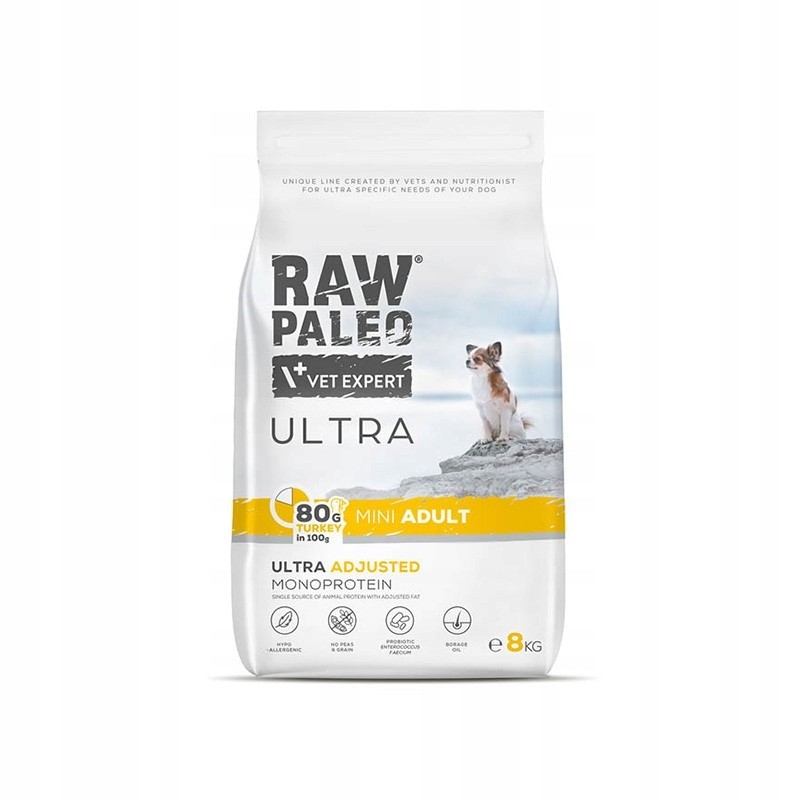 Raw Paleo Ultra Mini Adult Turkey Sucha Karma dla Małych Psów Indyk 8 kg