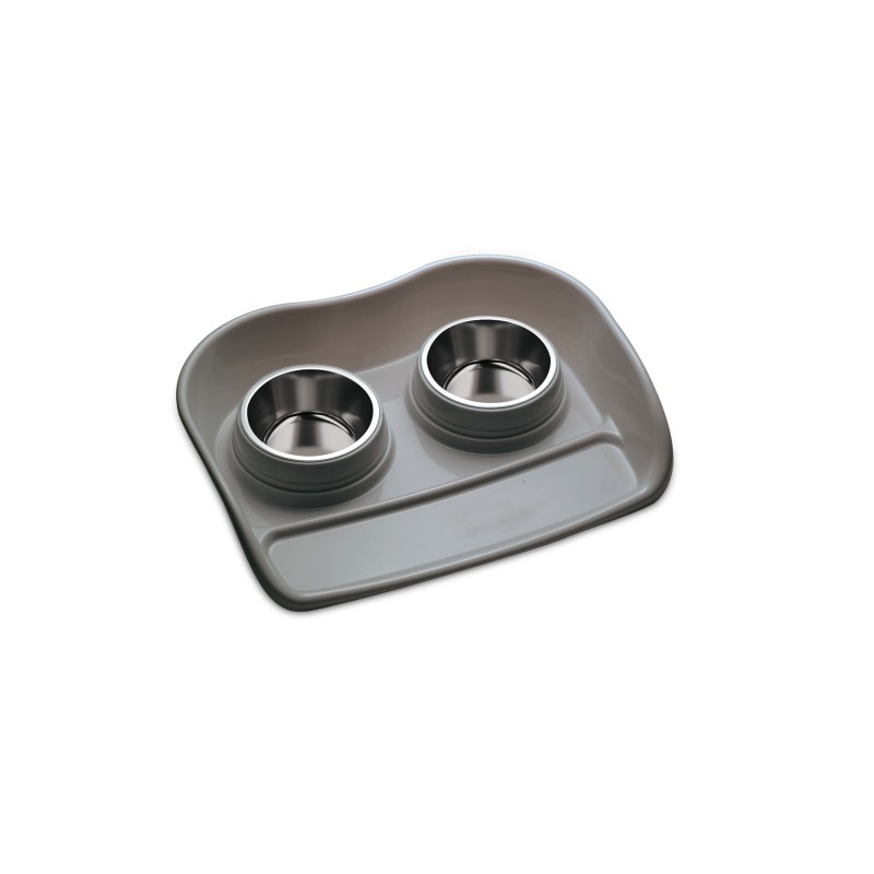 Zestaw:  2x miska 0,4L ze stali nierdzewnej + podkładka dla psów i kotów, szary, 46x35x9cm