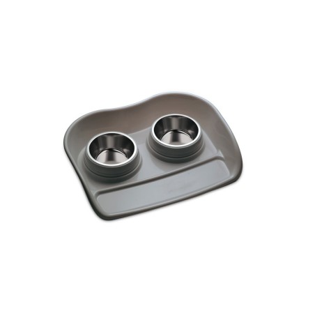 Zestaw:  2x miska 0,4L ze stali nierdzewnej + podkładka dla psów i kotów, szary, 46x35x9cm