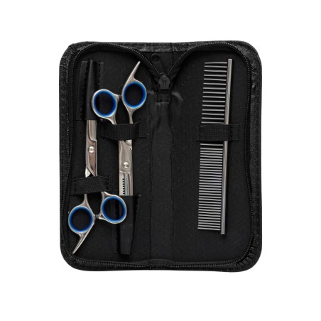 Ekskluzywny zestaw gromerski dla zwierząt,  3 elementy: nożyczki do sierści, degażówki, grzebień metalowy, plus etui