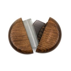 Ekskluzywny grzebień 2 w 1, do wyczesywania pcheł ze zgrzebłem, okrągły, drewno bukowe, stal, plastik PP, średnica 9,1cm