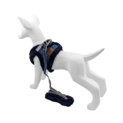 Zestaw, szelki+smycz, dla psa, granatowy, poliester/bawełna, rozmiar M, ocieplane