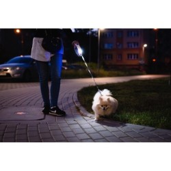 Smycz dla psa, automatyczna, okrągła, biało-szara, taśma, ładowanie baterie AAA, 4,5m