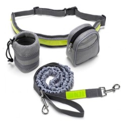Pas biodrowy do biegania, z amortyzowaną smyczą, szary, M, pasek dł. 80-104cm, saszetka (10x5x13cm), smycz dł.145-200 cm