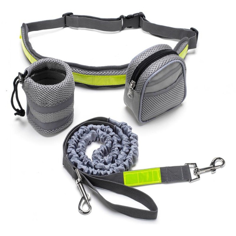 Pas biodrowy do biegania, z amortyzowaną smyczą, szary, M, pasek dł. 80-104cm, saszetka (10x5x13cm), smycz dł.145-200 cm