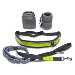 Pas biodrowy do biegania, z amortyzowaną smyczą, szary, M, pasek dł. 80-104cm, saszetka (10x5x13cm), smycz dł.145-200 cm