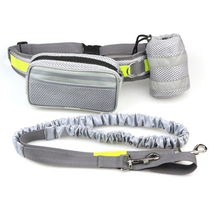 Pas biodrowy do biegania, z amortyzowaną smyczą, szary, L, pasek dł. 80-104cm, saszetka (18x5,5x10cm), smycz dł. 145-200 cm