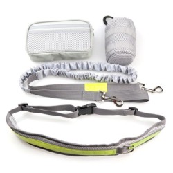 Pas biodrowy do biegania, z amortyzowaną smyczą, szary, L, pasek dł. 80-104cm, saszetka (18x5,5x10cm), smycz dł. 145-200 cm