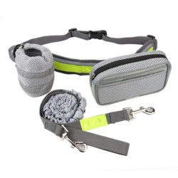 Pas biodrowy do biegania, z amortyzowaną smyczą, szary, L, pasek dł. 80-104cm, saszetka (18x5,5x10cm), smycz dł. 145-200 cm
