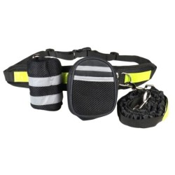 Pas biodrowy do biegania z amortyzowaną smyczą, czarny, M, pasek dł. 80-104cm, saszetka (10x5x13cm), smycz dł.145-200 cm