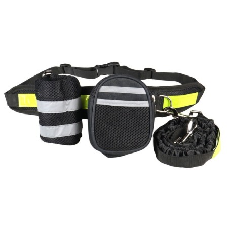 Pas biodrowy do biegania z amortyzowaną smyczą, czarny, L, pasek dł. 80-104cm, saszetka (18x5,5x10cm), smycz dł. 145-200 cm